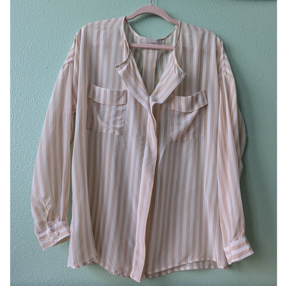 Stefanel 100% Silk Striped Blouse XL Tan Cream Oversized Button Cuff V-Neck Top